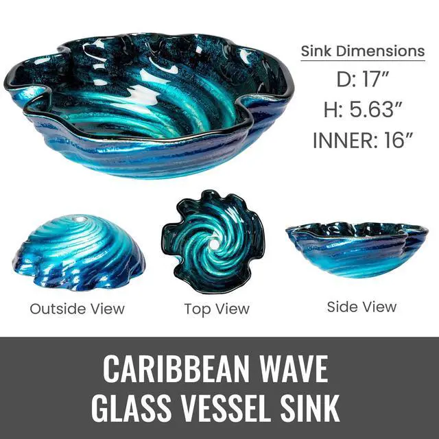 Alt view image 2 of 6 - Caribbean Wave Round Glass Sink Bowl Bathroom Vessel Sink for Vanity Top