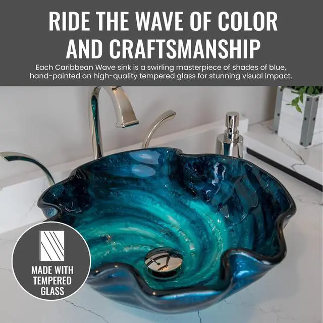 Alt view image 3 of 6 - Caribbean Wave Round Glass Sink Bowl Bathroom Vessel Sink for Vanity Top