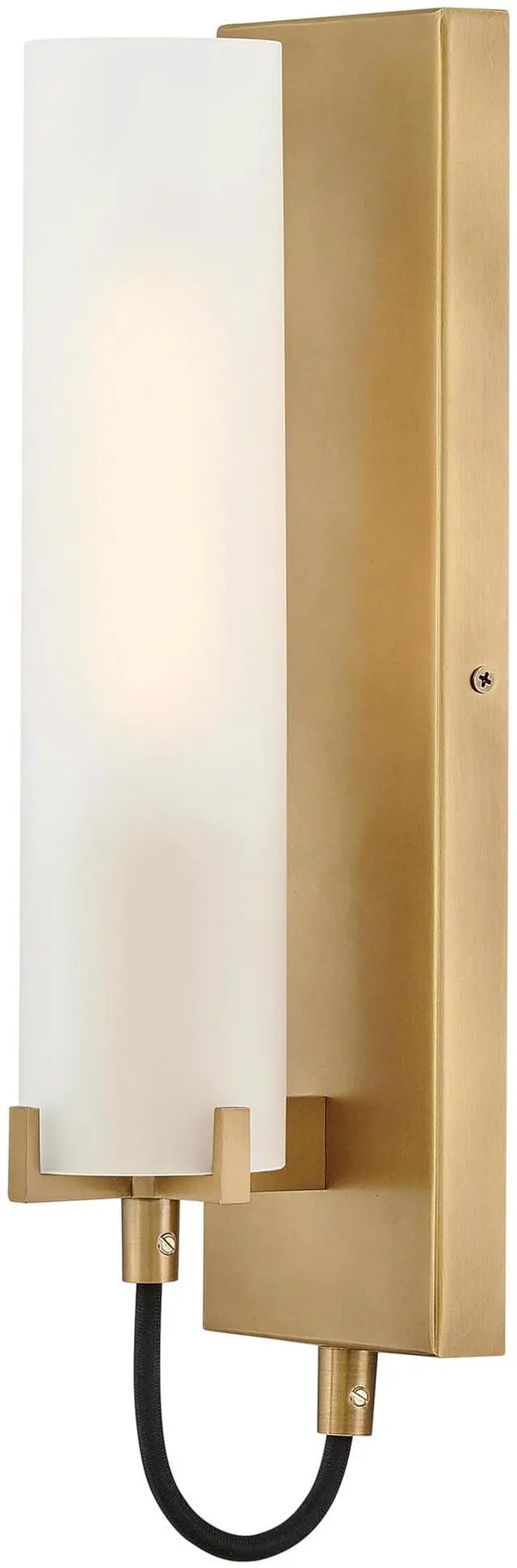 Main image of Ryden Medium Indoor Single Light Wall Sconce, Heritage Brass Finish | Etched Glass Cylinder Shade, Modern Industrial, Sleek, Includes Med. LED Bulb, Shown w/ T Bulb, Hidden Mounting Hardware
