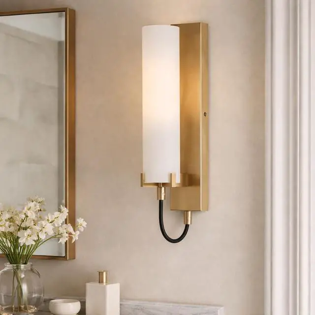 Alt view image 3 of 6 - Ryden Medium Indoor Single Light Wall Sconce, Heritage Brass Finish | Etched Glass Cylinder Shade, Modern Industrial, Sleek, Includes Med. LED Bulb, Shown w/ T Bulb, Hidden Mounting Hardware