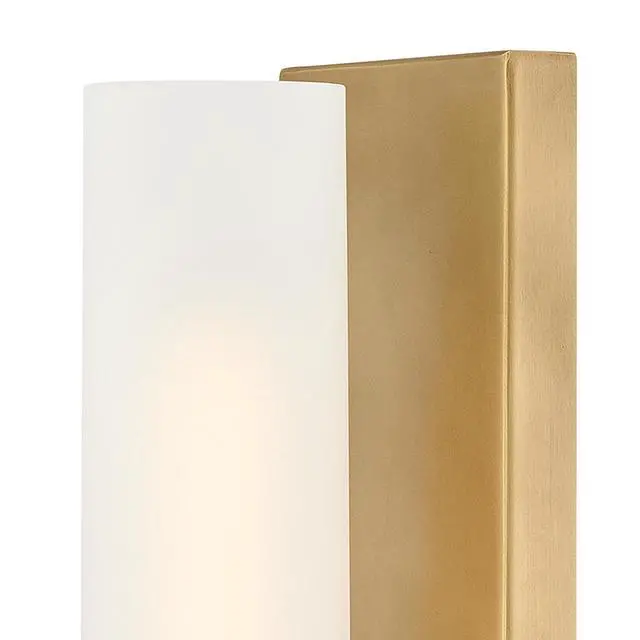 Alt view image 5 of 6 - Ryden Medium Indoor Single Light Wall Sconce, Heritage Brass Finish | Etched Glass Cylinder Shade, Modern Industrial, Sleek, Includes Med. LED Bulb, Shown w/ T Bulb, Hidden Mounting Hardware