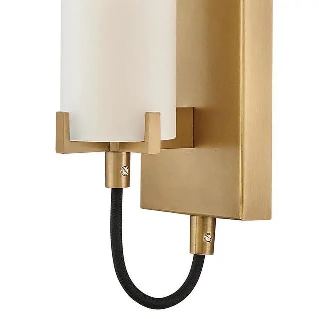 Alt view image 6 of 6 - Ryden Medium Indoor Single Light Wall Sconce, Heritage Brass Finish | Etched Glass Cylinder Shade, Modern Industrial, Sleek, Includes Med. LED Bulb, Shown w/ T Bulb, Hidden Mounting Hardware