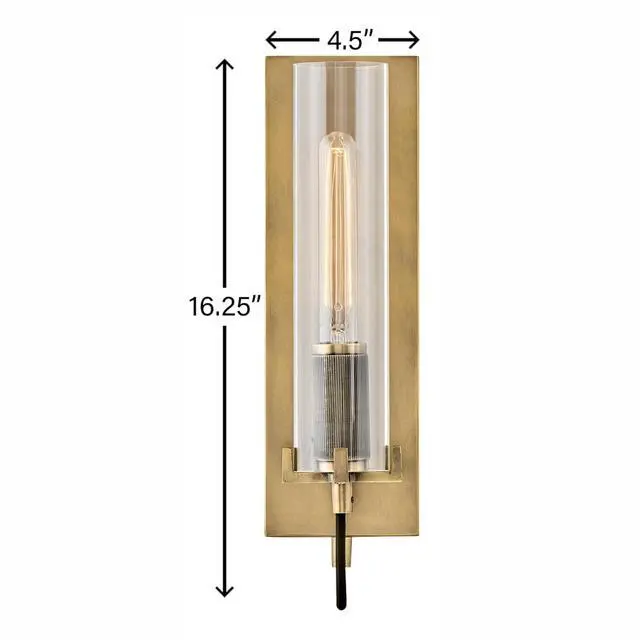 Alt view image 3 of 6 - Ryden Medium Indoor Single Light Wall Sconce, Heritage Brass Finish | Clear Glass Cylinder Shade, Modern Industrial, Sleek, Includes Med. LED Bulb, Shown w/ T-Style Bulb, Hidden Mounting Hardware