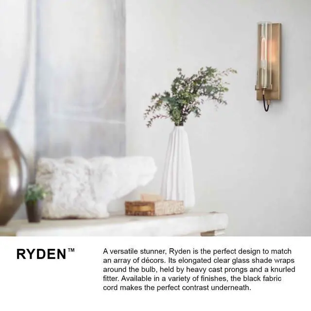 Alt view image 5 of 6 - Ryden Medium Indoor Single Light Wall Sconce, Heritage Brass Finish | Clear Glass Cylinder Shade, Modern Industrial, Sleek, Includes Med. LED Bulb, Shown w/ T-Style Bulb, Hidden Mounting Hardware