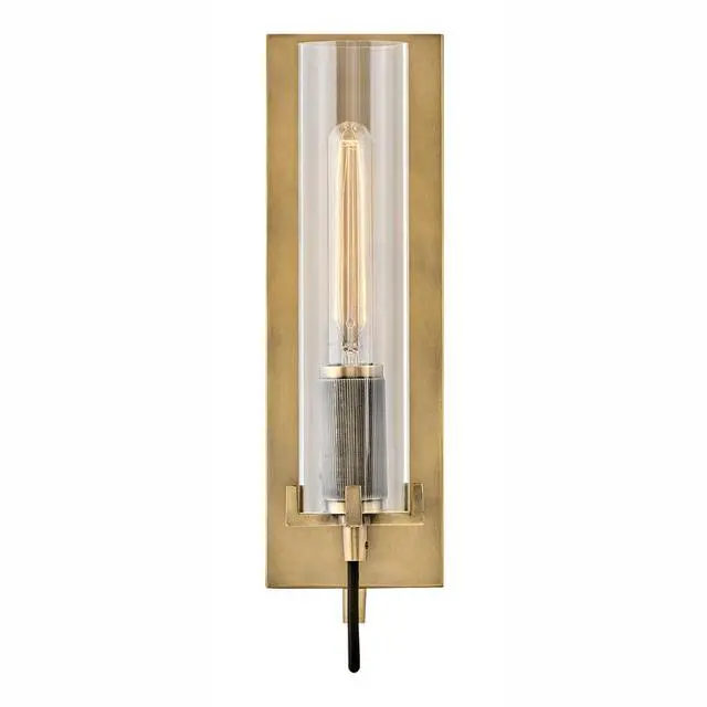 Alt view image 6 of 6 - Ryden Medium Indoor Single Light Wall Sconce, Heritage Brass Finish | Clear Glass Cylinder Shade, Modern Industrial, Sleek, Includes Med. LED Bulb, Shown w/ T-Style Bulb, Hidden Mounting Hardware