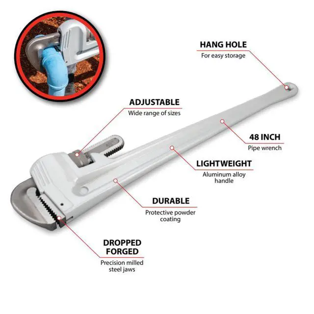 Alt view image 2 of 6 - W2148 48 in. Heavy-Duty Aluminum Pipe Wrench | Large plumbing wrench. Precision milled, drop forged steel jaws. Strong and lightweight handle