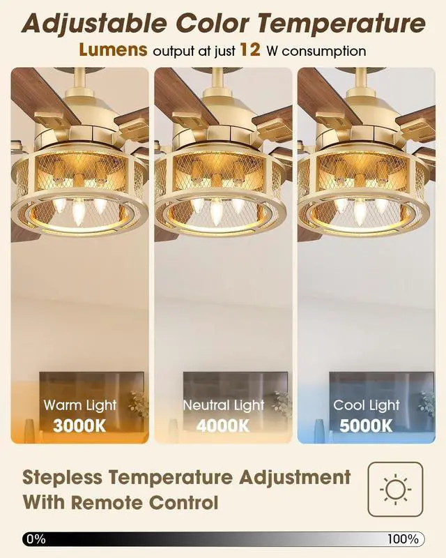 Alt view image 5 of 6 - 52 Inch Ceiling Fans with Lights and Remote, Rustic Gold Ceiling Fan | Ceiling Fan for Living Room Bedroom, 2 Color Blades, 3 Speeds, 3 CCT, Timing and Memory Function(Bulb not included)