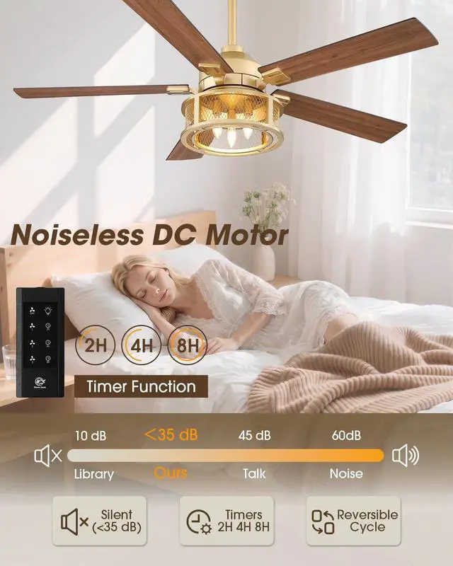 Alt view image 6 of 6 - 52 Inch Ceiling Fans with Lights and Remote, Rustic Gold Ceiling Fan | Ceiling Fan for Living Room Bedroom, 2 Color Blades, 3 Speeds, 3 CCT, Timing and Memory Function(Bulb not included)