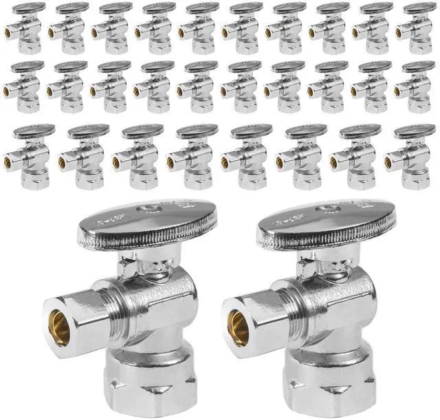Main image of (Pack of 30) FIP 1/4 Turn Angle Stop Valve, 1/2" FIP Iron Pipe x 3/8" Compression, Chrome Plated Brass(VALVE054-30Pack)