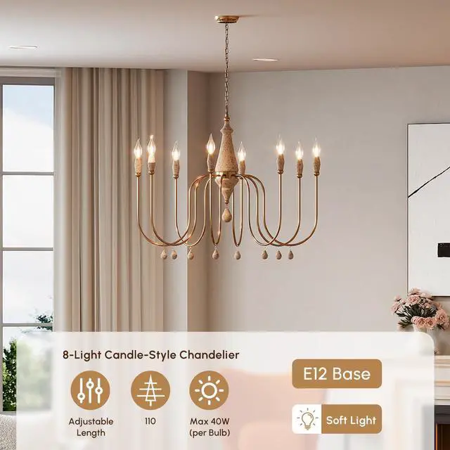 Alt view image 2 of 6 - 38.2" French Country Chandelier, Modern Farmhouse 8-Light Candle-Style Chandeliers Wood Pendant Light Fixture for Dining Room Living Room