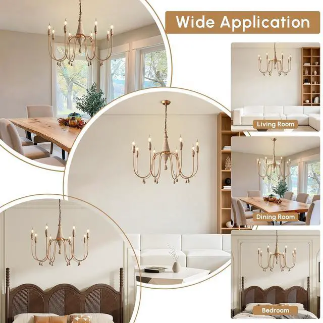 Alt view image 3 of 6 - 38.2" French Country Chandelier, Modern Farmhouse 8-Light Candle-Style Chandeliers Wood Pendant Light Fixture for Dining Room Living Room