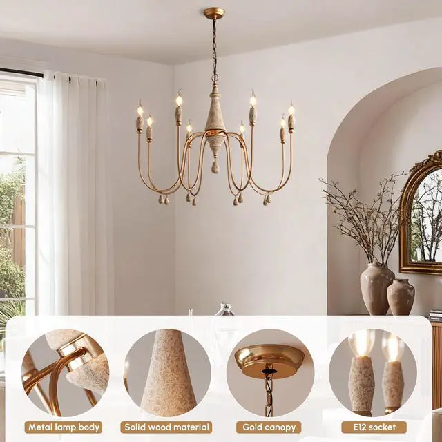 Alt view image 4 of 6 - 38.2" French Country Chandelier, Modern Farmhouse 8-Light Candle-Style Chandeliers Wood Pendant Light Fixture for Dining Room Living Room