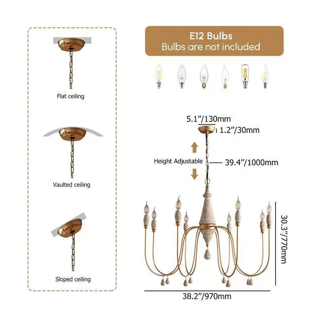 Alt view image 6 of 6 - 38.2" French Country Chandelier, Modern Farmhouse 8-Light Candle-Style Chandeliers Wood Pendant Light Fixture for Dining Room Living Room