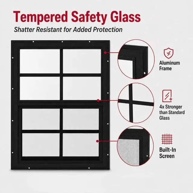 Alt view image 4 of 6 - 14x21 Shed Windows, J-Lap Sliding Windows with Tempered Glass & Screens, Black, 2-Pack