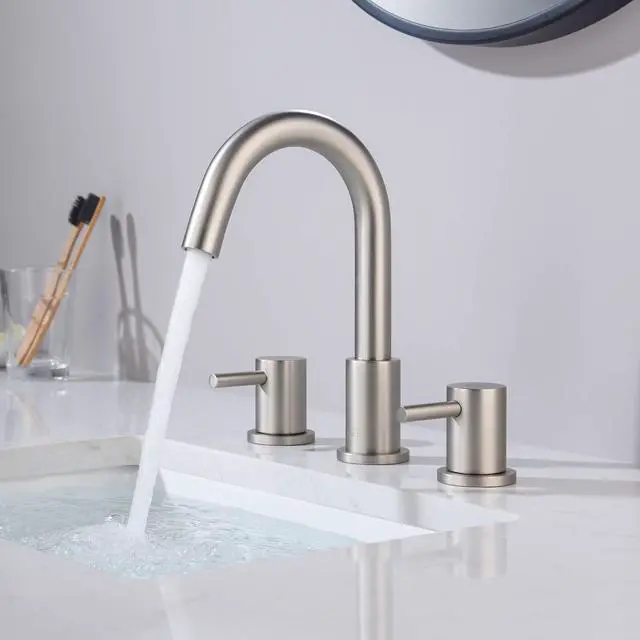 Alt view image 2 of 6 - Circular 2-Handle Widespread Bathroom Sink Faucet | 8 Inch Solid Brass 3 Hole Faucet with Pop Up Drain | Durable and Leak-Proof Design | Brushed Nickel Finish (KBF1016)