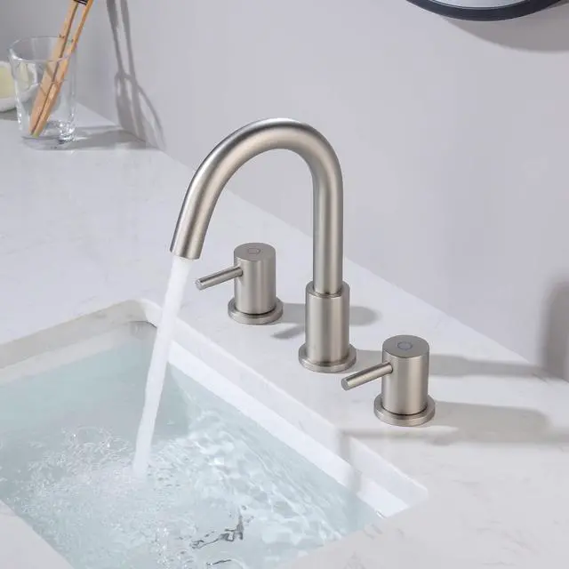 Alt view image 3 of 6 - Circular 2-Handle Widespread Bathroom Sink Faucet | 8 Inch Solid Brass 3 Hole Faucet with Pop Up Drain | Durable and Leak-Proof Design | Brushed Nickel Finish (KBF1016)