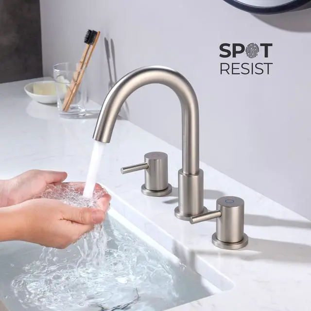 Alt view image 4 of 6 - Circular 2-Handle Widespread Bathroom Sink Faucet | 8 Inch Solid Brass 3 Hole Faucet with Pop Up Drain | Durable and Leak-Proof Design | Brushed Nickel Finish (KBF1016)
