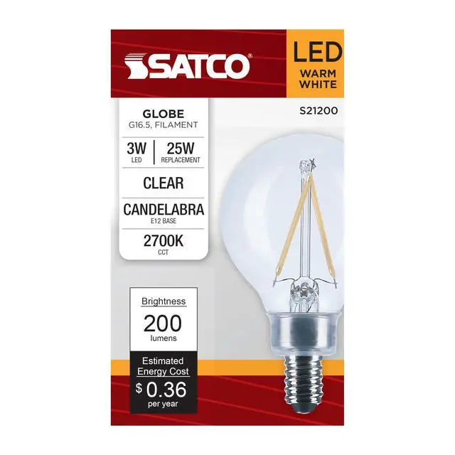 Alt view image 3 of 6 - S21200 3W Small G16.5 LED Filament Globe Light Bulb, Clear, E12 Candelabra Base, 2700K Warm White, 200 Lumens, 120V, Wet Location, 90 CRI, Dimmable (24 Pack)