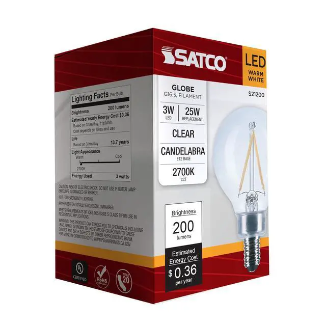 Alt view image 5 of 6 - S21200 3W Small G16.5 LED Filament Globe Light Bulb, Clear, E12 Candelabra Base, 2700K Warm White, 200 Lumens, 120V, Wet Location, 90 CRI, Dimmable (24 Pack)