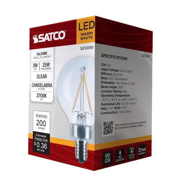 Alt view image 6 of 6 - S21200 3W Small G16.5 LED Filament Globe Light Bulb, Clear, E12 Candelabra Base, 2700K Warm White, 200 Lumens, 120V, Wet Location, 90 CRI, Dimmable (24 Pack)