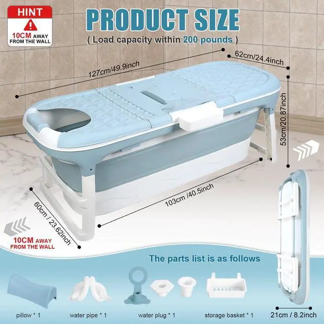 Alt view image 2 of 6 - Portable Bathtub for Adults,50" Collapsible Bathtub with Lid,Reusable Freestanding Foldable Tub,Collapsible Hot Ice Soaking Bath Tub for Small Space (50inch Blue)