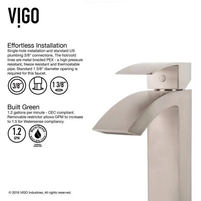 Alt view image 6 of 6 - Duris Waterfall Single-Handle Single-Hole Mount Vessel Bathroom Sink Faucet, 12-Inch, Brushed Nickel, Modern Design, Solid Brass, 1.2 GPM WaterSense & Ceramic Disc Valve, Corrosion-Resistant