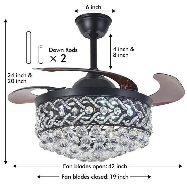 Alt view image 2 of 6 - Black Crystal Chandelier Fan, 42" Fandelier Ceiling Fan with Light, Ceiling Fans with Retractable Blades Lights and Remote for Living Dinning Room