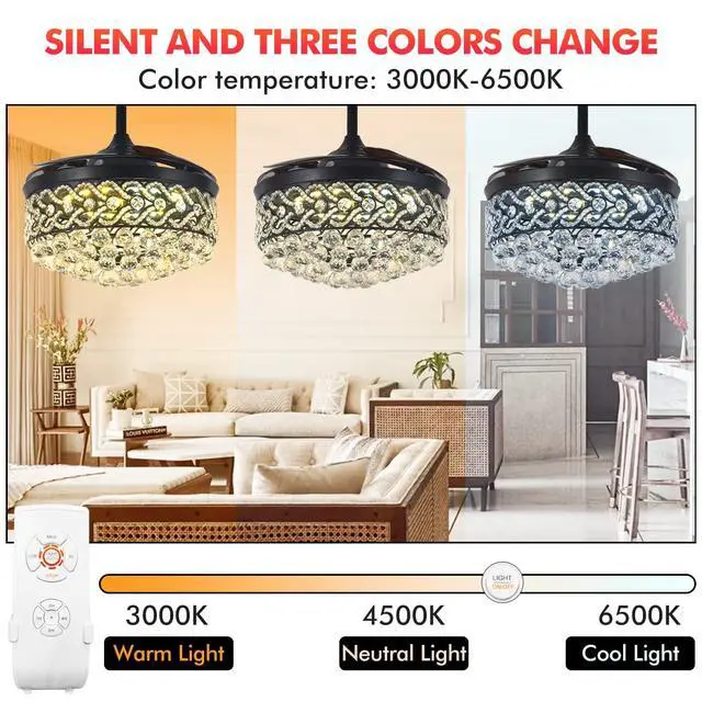 Alt view image 3 of 6 - Black Crystal Chandelier Fan, 42" Fandelier Ceiling Fan with Light, Ceiling Fans with Retractable Blades Lights and Remote for Living Dinning Room