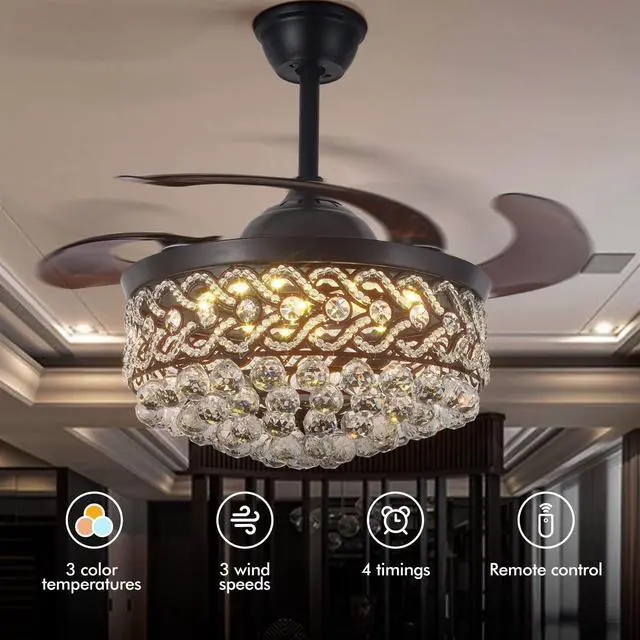 Alt view image 4 of 6 - Black Crystal Chandelier Fan, 42" Fandelier Ceiling Fan with Light, Ceiling Fans with Retractable Blades Lights and Remote for Living Dinning Room