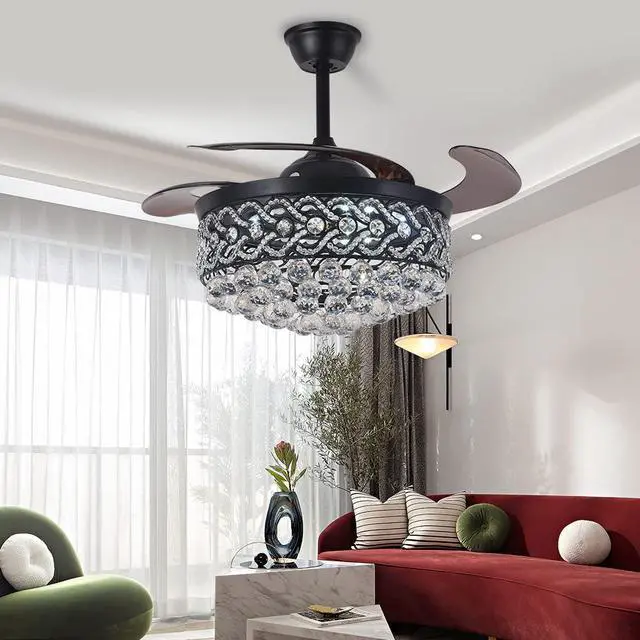 Alt view image 5 of 6 - Black Crystal Chandelier Fan, 42" Fandelier Ceiling Fan with Light, Ceiling Fans with Retractable Blades Lights and Remote for Living Dinning Room