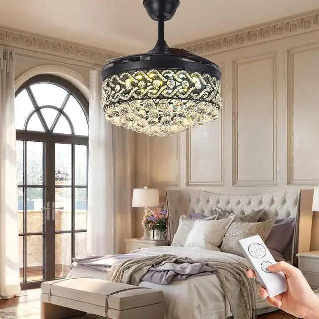 Alt view image 6 of 6 - Black Crystal Chandelier Fan, 42" Fandelier Ceiling Fan with Light, Ceiling Fans with Retractable Blades Lights and Remote for Living Dinning Room