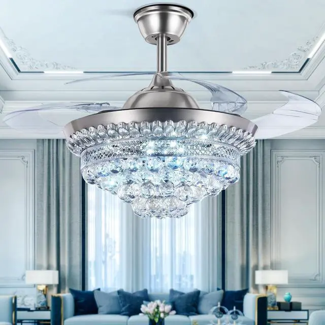 Main image of BIGBANBAN 42" Crystal Ceiling Fan with Light Remote Control, Silver Retractable Chandelier Fan 3 Colors LED Light 3 Speeds Modern Fandelier Chandelier for Living Room Bedroom