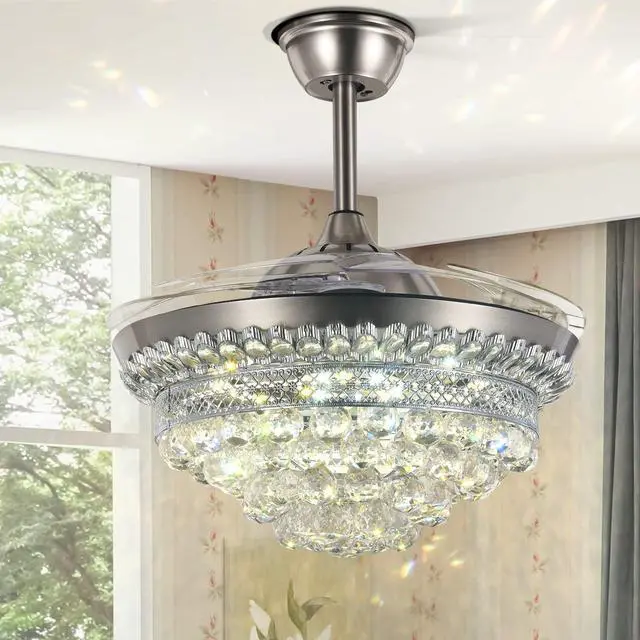 Alt view image 2 of 6 - BIGBANBAN 42" Crystal Ceiling Fan with Light Remote Control, Silver Retractable Chandelier Fan 3 Colors LED Light 3 Speeds Modern Fandelier Chandelier for Living Room Bedroom