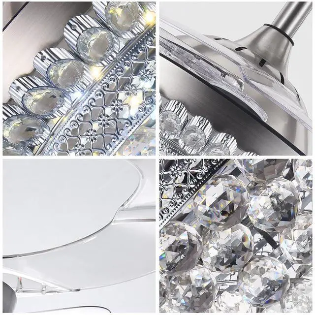Alt view image 4 of 6 - BIGBANBAN 42" Crystal Ceiling Fan with Light Remote Control, Silver Retractable Chandelier Fan 3 Colors LED Light 3 Speeds Modern Fandelier Chandelier for Living Room Bedroom