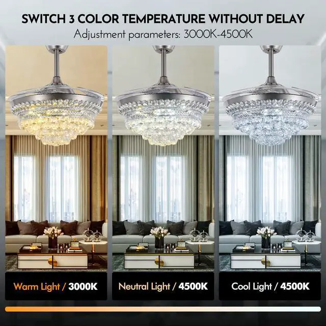 Alt view image 5 of 6 - BIGBANBAN 42" Crystal Ceiling Fan with Light Remote Control, Silver Retractable Chandelier Fan 3 Colors LED Light 3 Speeds Modern Fandelier Chandelier for Living Room Bedroom