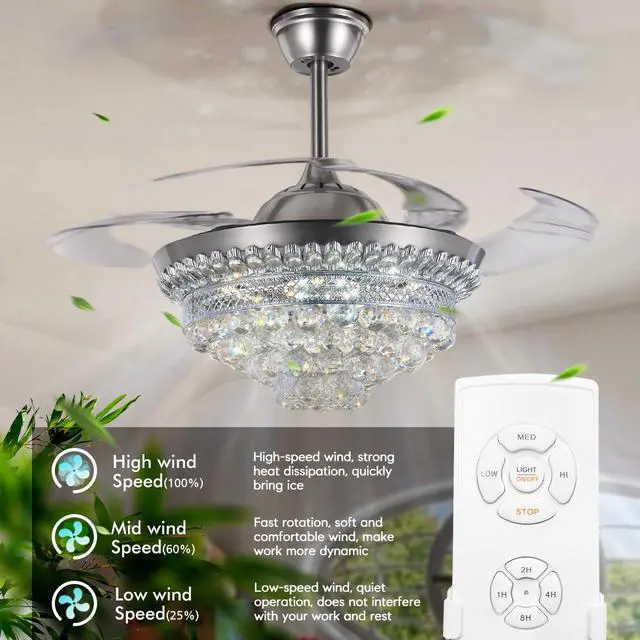Alt view image 6 of 6 - BIGBANBAN 42" Crystal Ceiling Fan with Light Remote Control, Silver Retractable Chandelier Fan 3 Colors LED Light 3 Speeds Modern Fandelier Chandelier for Living Room Bedroom