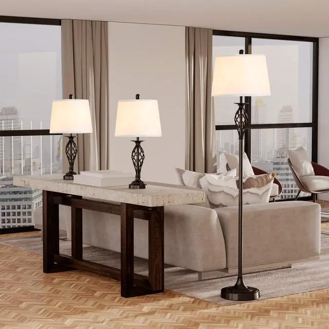Main image of 3 Piece Table Floor Lamp Set with Metal Pole Round Base Black/White | Fabric Lampshade, for Living Room