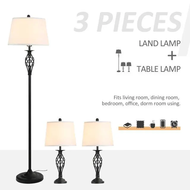 Alt view image 3 of 6 - 3 Piece Table Floor Lamp Set with Metal Pole Round Base Black/White | Fabric Lampshade, for Living Room