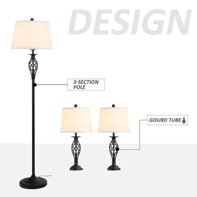 Alt view image 4 of 6 - 3 Piece Table Floor Lamp Set with Metal Pole Round Base Black/White | Fabric Lampshade, for Living Room