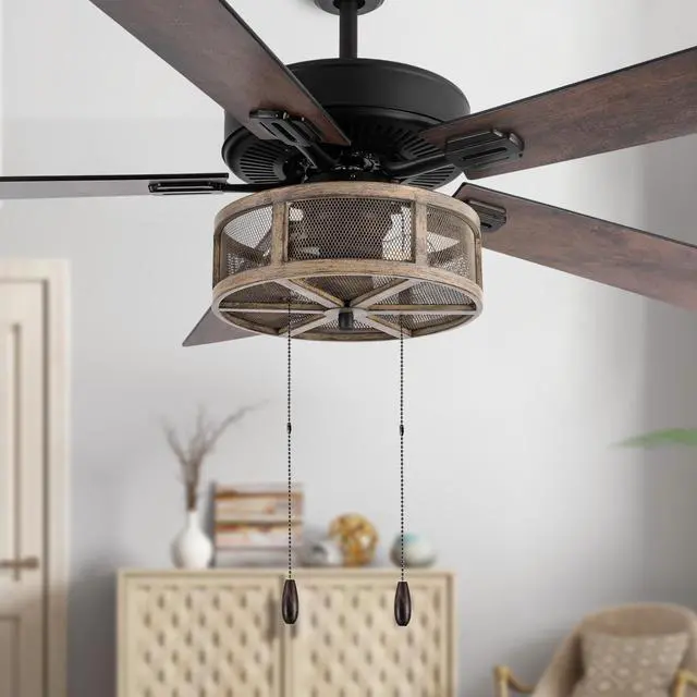 Alt view image 2 of 6 - 52 Inch LED Modern Farmhouse Ceiling Fan with Light - Rustic Ceiling Fans with Lights - Elegant Industrial Fan with Mesh Metal Caged Shade - Brown | Rustic, Elegant Industrial, Mesh Metal Caged Shade,