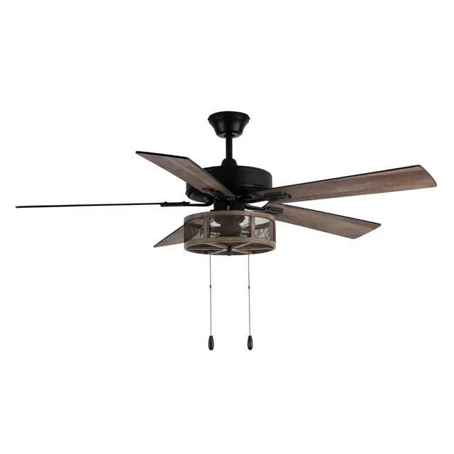 Alt view image 3 of 6 - 52 Inch LED Modern Farmhouse Ceiling Fan with Light - Rustic Ceiling Fans with Lights - Elegant Industrial Fan with Mesh Metal Caged Shade - Brown | Rustic, Elegant Industrial, Mesh Metal Caged Shade,