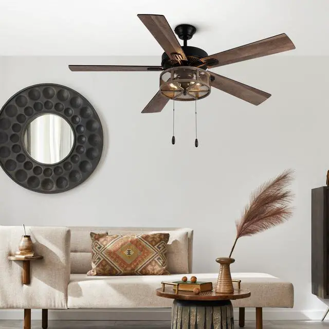 Alt view image 4 of 6 - 52 Inch LED Modern Farmhouse Ceiling Fan with Light - Rustic Ceiling Fans with Lights - Elegant Industrial Fan with Mesh Metal Caged Shade - Brown | Rustic, Elegant Industrial, Mesh Metal Caged Shade,