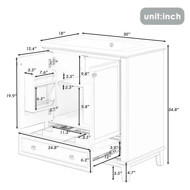 Alt view image 2 of 6 - 30" Bathroom Vanity with Sink, Free Standing Single Basin Vanity Set with 2 Doors and Drawer, Modern Wooden Bathroom Cabinet with Ceramic Basin for Bathroom, Grey