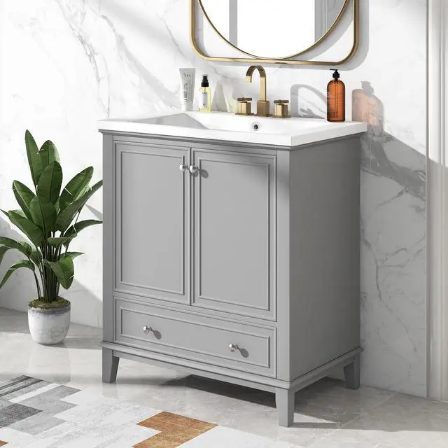 Alt view image 3 of 6 - 30" Bathroom Vanity with Sink, Free Standing Single Basin Vanity Set with 2 Doors and Drawer, Modern Wooden Bathroom Cabinet with Ceramic Basin for Bathroom, Grey