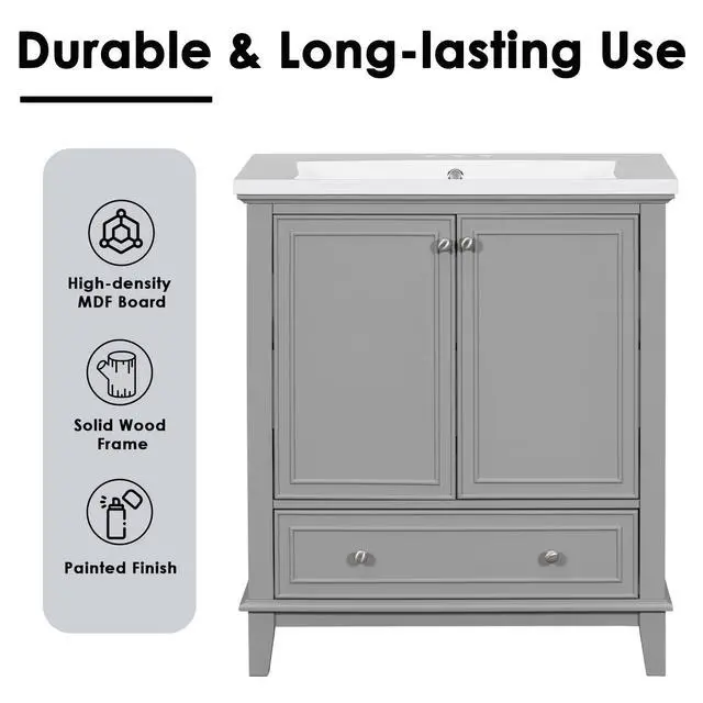 Alt view image 6 of 6 - 30" Bathroom Vanity with Sink, Free Standing Single Basin Vanity Set with 2 Doors and Drawer, Modern Wooden Bathroom Cabinet with Ceramic Basin for Bathroom, Grey