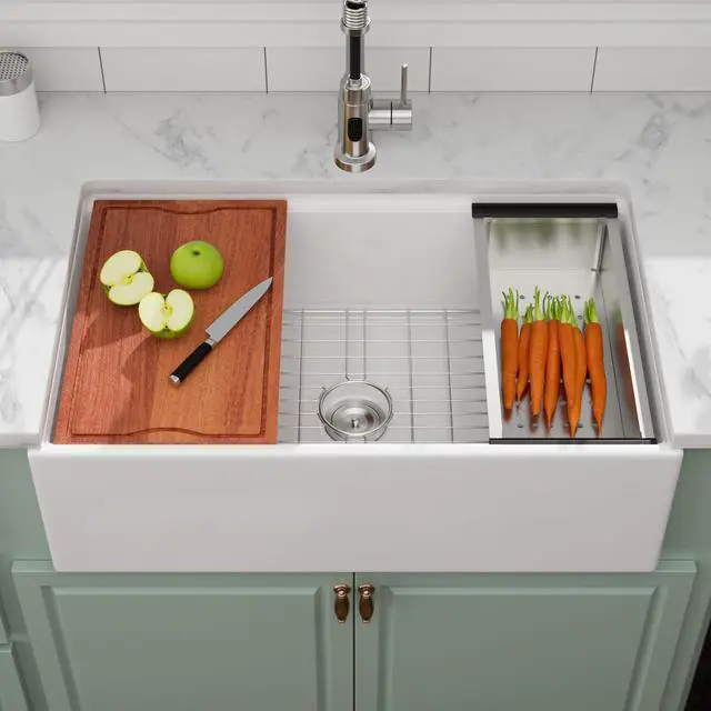 Alt view image 2 of 6 - 30 Inch Farmhouse Sink Fireclay Kitchen Sink White Apron Front Ceramic Porcelain Single Bowl Workstation Kitchen Sink with Reversible Installation, 30"x20"x10" #YSAC0001