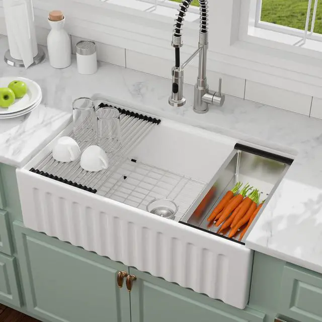 Alt view image 3 of 6 - 30 Inch Farmhouse Sink Fireclay Kitchen Sink White Apron Front Ceramic Porcelain Single Bowl Workstation Kitchen Sink with Reversible Installation, 30"x20"x10" #YSAC0001