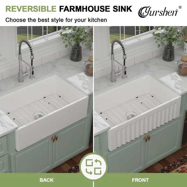 Alt view image 4 of 6 - 30 Inch Farmhouse Sink Fireclay Kitchen Sink White Apron Front Ceramic Porcelain Single Bowl Workstation Kitchen Sink with Reversible Installation, 30"x20"x10" #YSAC0001