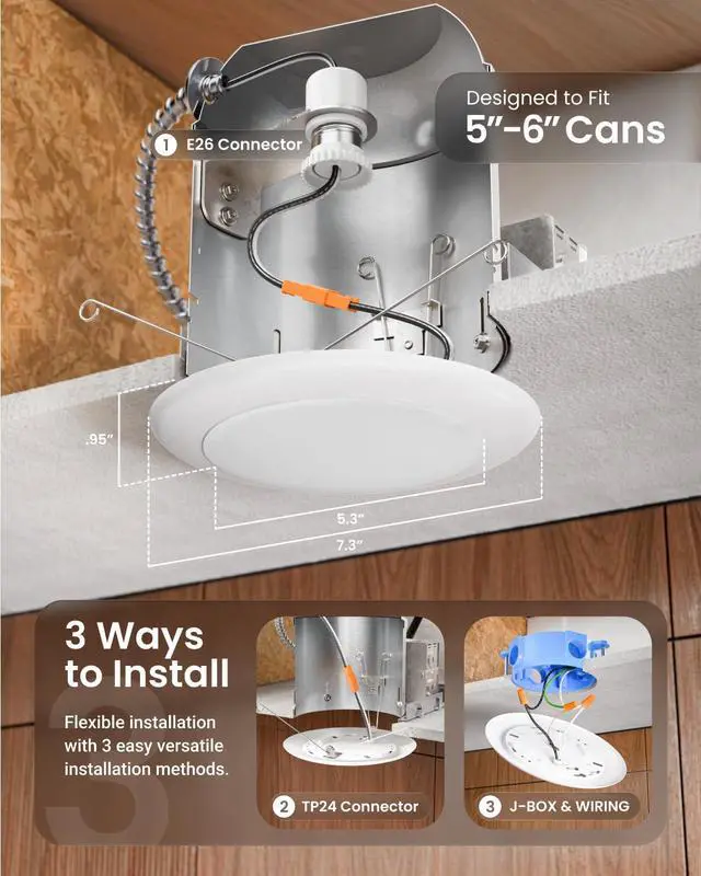 Alt view image 3 of 6 - Sunco 60 Pack 6 Inch LED Disk Lights, Flush Mount Ceiling Light Disc, Recessed Can Lighting, 850 LM, 12W (65W Equivalent), Selectable CCT 3000K/4000K/5000K/6000K/6500K, Dimmable, Damp Rated ETL