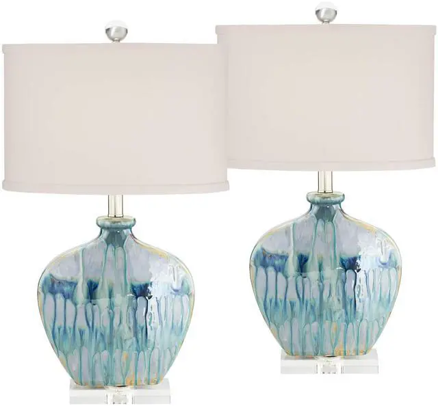 Main image of Mia 25" High Table Lamps Set of 2 Blue Ceramic Beach Modern | Colors May Vary. Drip Coastal Living Room Bedroom House Bedside Nightstand Office Home Family White Shade